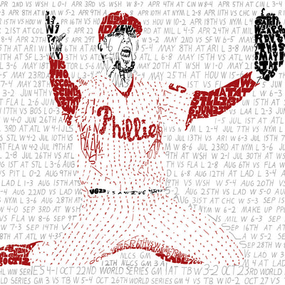 Portrait of pitcher Brad Lidge celebrating last out in 2008 World Series, handwritten with every game in Phillies 2008 season.