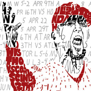 Detail of handwritten word art of Brad Lidge celebrating Phillies World Series win in 2008, showing words in his arm and head.