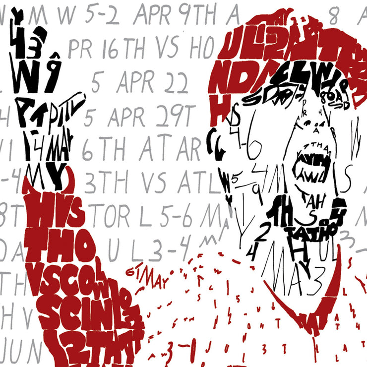 Detail of handwritten word art of Brad Lidge celebrating Phillies World Series win in 2008, showing words in his arm and head.