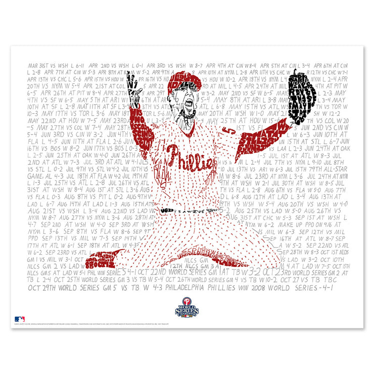 Unframed word art of Brad Lidge celebrating last out in 2008 World Series, formed from handwritten stats of Phillies season.