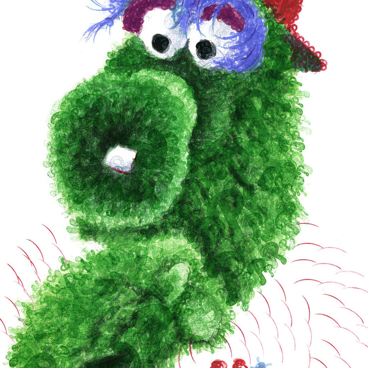 Phillie Phanatic Phillies painting made entirely of Phillies "P" stamps in green, purple, and red.