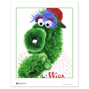 Unframed poster of Phillie Phanatic Phillies painting made entirely of Phillies "P" stamps in green, purple, and red.