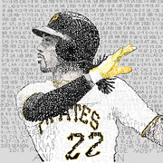Word art portrait of Pittsburgh Pirates’ Andrew McCutchen, handwritten with his 2013 season stats in Pirates black and gold.