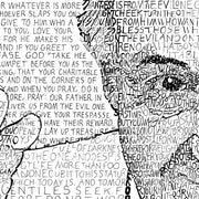 Art of Pope Francis showing a portion of his face and hand made of handwritten Beatitudes (Matthew 5-7).