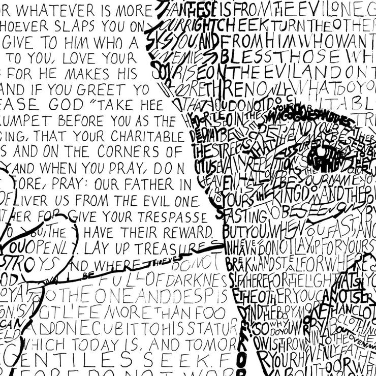 Art of Pope Francis showing a portion of his face and hand made of handwritten Beatitudes (Matthew 5-7).