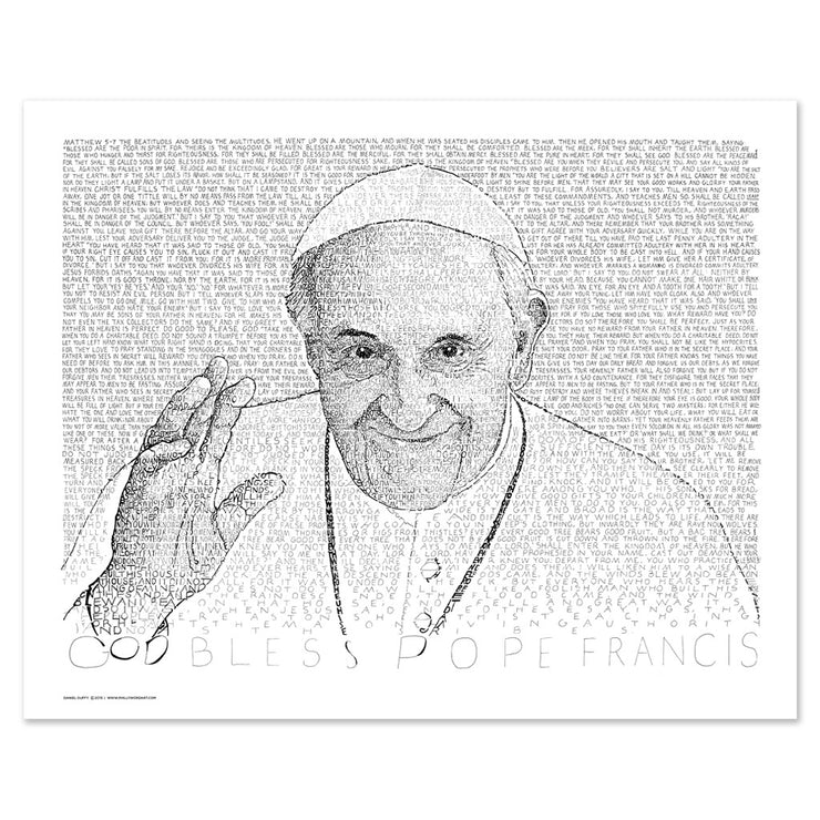Unframed Pope Francis painting with Pope smiling and waving made of handwritten Beatitudes (Matthew 5-7.)