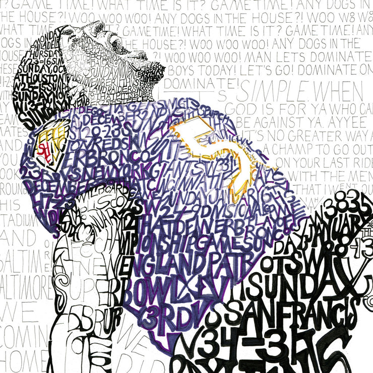No. 5 Ray Lewis Ravens football player artwork made of handwritten words about Ravens 2012 championship.