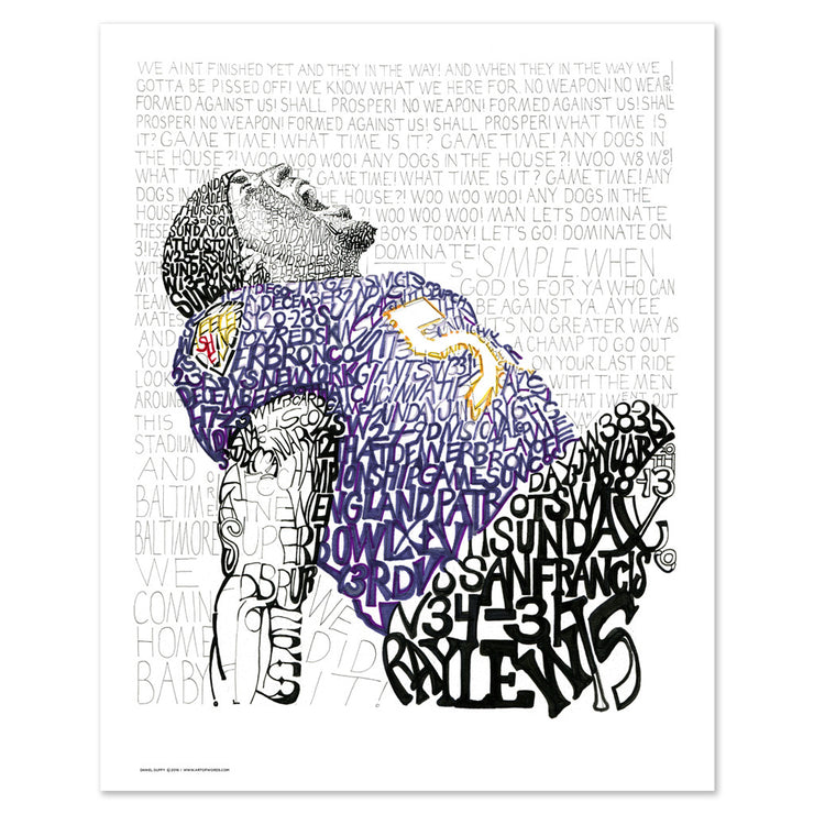 Ray Lewis Ravens artwork made of handwritten words about Ravens 2012 championship as part of Baltimore Raven gift collection.