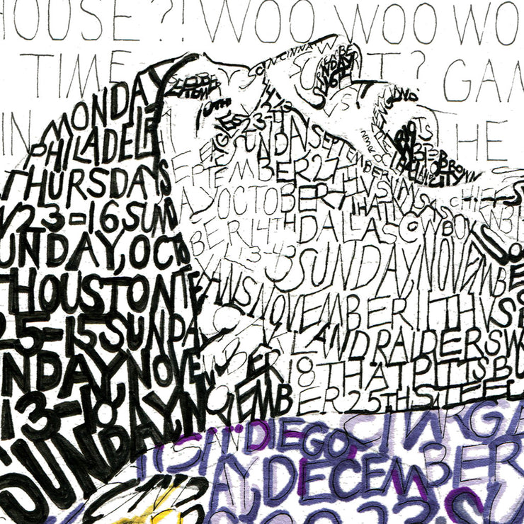 Print of Ray Lewis Ravens football player made of handwritten words about Ravens 2012 championship in purple and black.