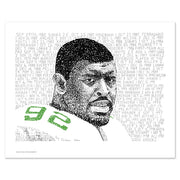 Print of Reggie White football player No. 92 made of handwritten number of sacks and their dates from his career.