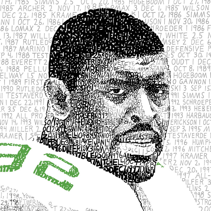 Illustrated Reggie White football artwork made of handwritten Reggie White stats from his career as quarterback.
