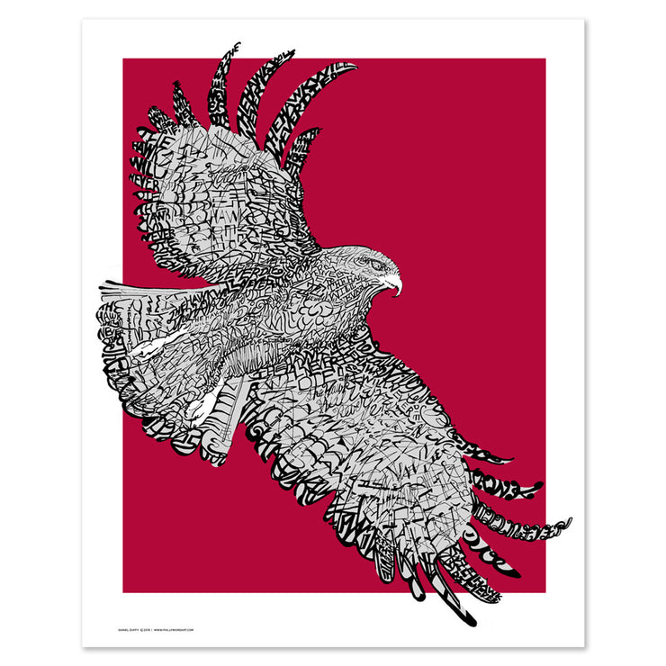 Art print of St. Joseph Hawk made with handwritten phrase "The Hawk Will Never Die" with red background.