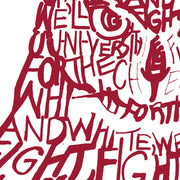 Owl Temple art print of Temple University mascot made of red handwritten  words of the Temple Fight Song.