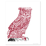 Owl Temple art poster of Temple University mascot made of red handwritten  words of the Temple Fight Song.