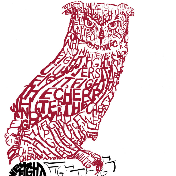 Owl Temple art of University mascot made of handwritten  Temple Fight Song as part of Temple University Graduation gift.