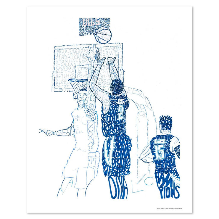  Villanova National Championship 2016 art print of Kris Jenkins’ winning shot made with handwritten Villanova 2016 games.