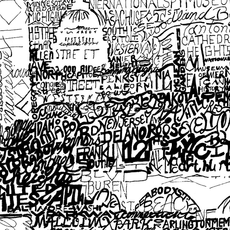  Illustration of DC Skyline made of handwritten street names, landmarks, and more as part of Art of Words DC gift collection. 