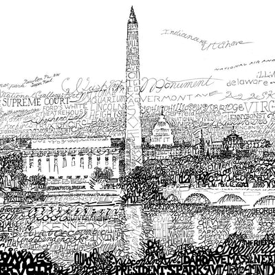 Artwork of DC Skyline made of handwritten street names, landmarks, and more as part of Art of Words DC gift collection.
