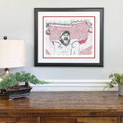 Washington Capitals gift idea art of Alex Ovechkin made with handwritten details of games from 2018 season above dresser.