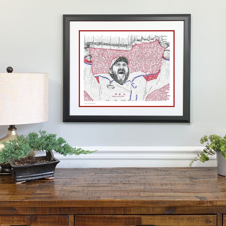 Washington Capitals gift idea art of Alex Ovechkin made with handwritten details of games from 2018 season above dresser.