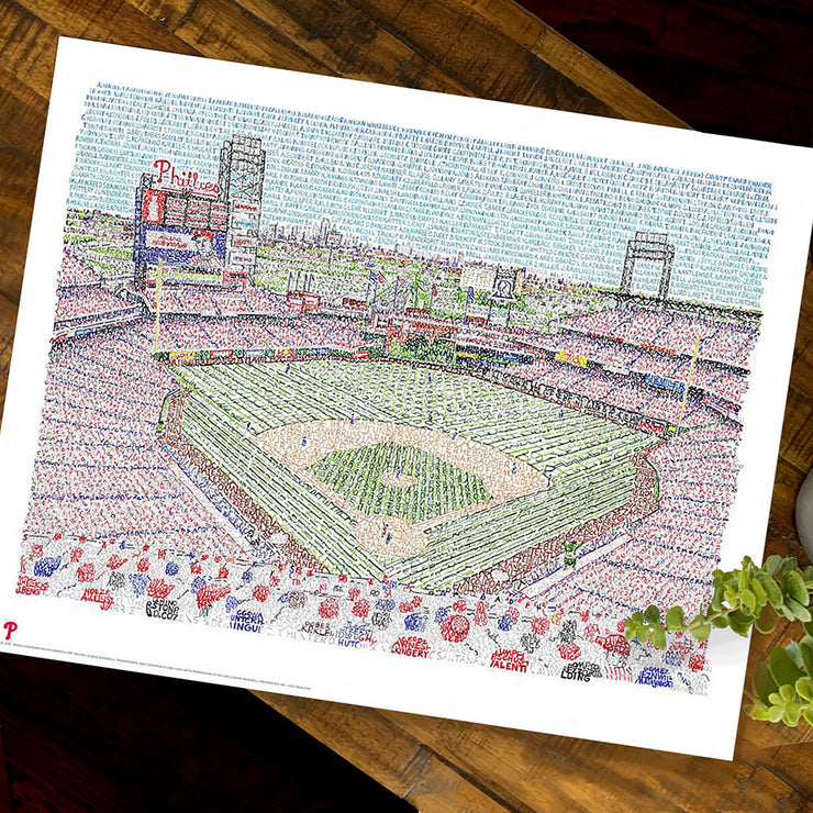 Unframed Citizens Bank Park Phillies Stadium handwritten with the names of every Phillie in history since 1883 on wood table.