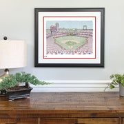 Citizens Bank Park Phillies Stadium art handwritten with the names of every Phillie in history since 1883 above dresser.