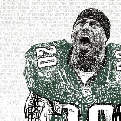 Word art portrait of Philadelphia Eagles’ Brian Dawkins, his pregame speeches handwritten in midnight green, black, and white.