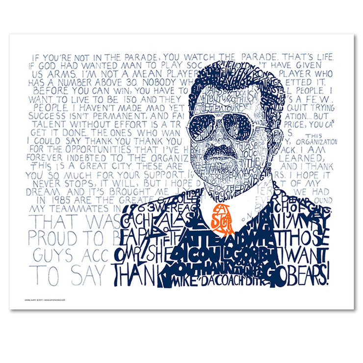 Chicago Bears Gift portrait print of Chicago Bears Mike Ditka in hand-written words about him in navy blue and orange.