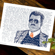 Portrait of Chicago Bears Mike Ditka illustrated with hand-written words about him in navy blue and orange on wood table.