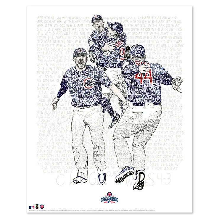 Unframed word art print of players celebrating Chicago Cubs 2016 World Series win, handwritten with season stats.
