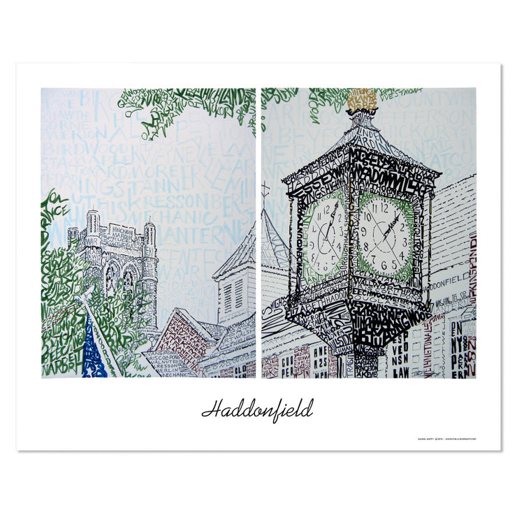 Unframed word art print of Kings Highway clock, M&T Bank Haddonfield, and First Baptist Church in downtown Haddonfield.