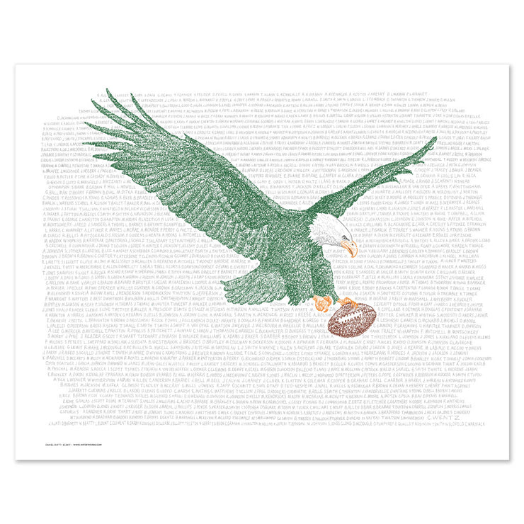 Unframed Philadelphia Eagles gift poster of green eagle with brown football made of handwritten Philadelphia Eagles rosters.