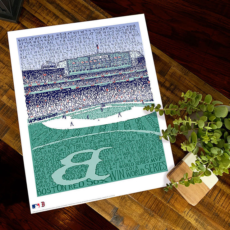 Unframed word art print of Boston Red Sox 2013 World Series win at Fenway Park lies flat on wood table next to small plant.