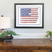 Matted and framed print of American flag art—handwritten National Anthem lyrics forming image—makes cool American flag gift.