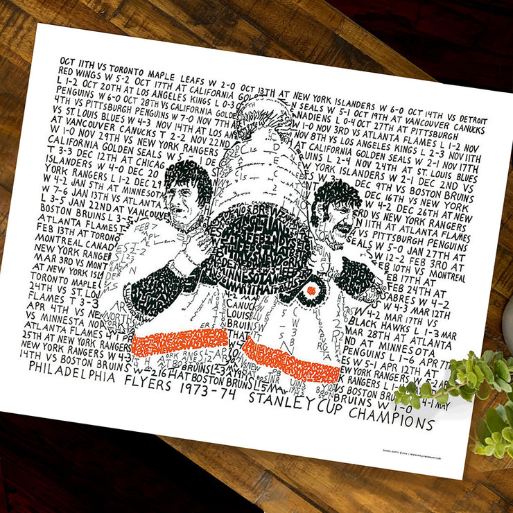 1973-74 Philadelphia Flyers championship art with Bobby Clarke and Bernie Parent made of handwritten words on table.