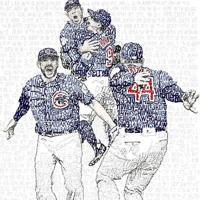 Word art depicting players celebrating Chicago Cubs 2016 World Series win, handwritten with record of every 2016 Cubs game.
