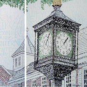 Word art view of Kings Highway clock and tops of M&T Bank Haddonfield and First Baptist Church in downtown Haddonfield.