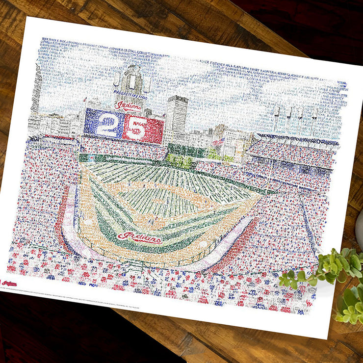 Unframed Cleveland Indians Stadium art made of handwritten names of all Indians players since 1901 on wood table.