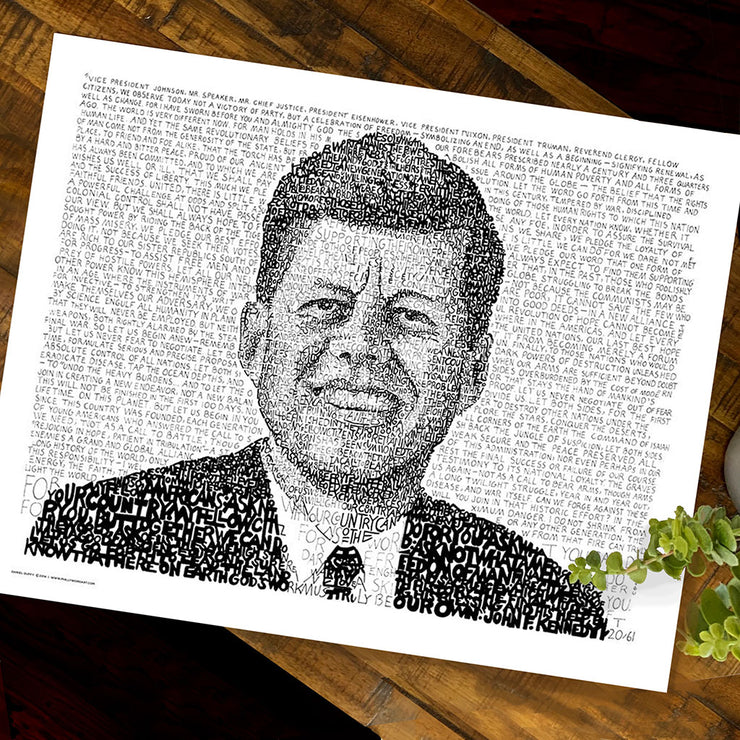 Unframed print of word art portrait of John F. Kennedy, handwritten with his Inaugural Address—one of the best JFK gifts.