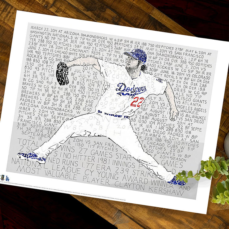 Unframed word art print of pitcher Clayton Kershaw, handwritten with all his 2014 games—one of the best LA Dodgers gifts.