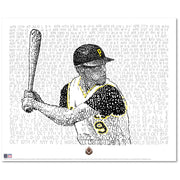 Unframed print depicts Pittsburgh Pirate Bill Mazeroski at bat in 1960 World Series, image formed from handwritten season stats.
