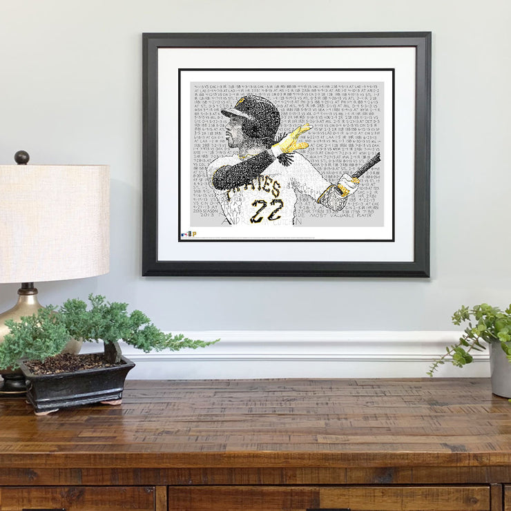Matted and framed word art print of Pittsburgh Pirates’ Andrew McCutchen hangs on wall above wooden table.