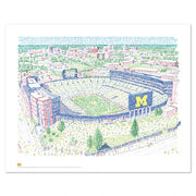 Illustration print of hand-written words depicting ariel view of the big house Michigan Stadium as Michigan Wolverines gift.