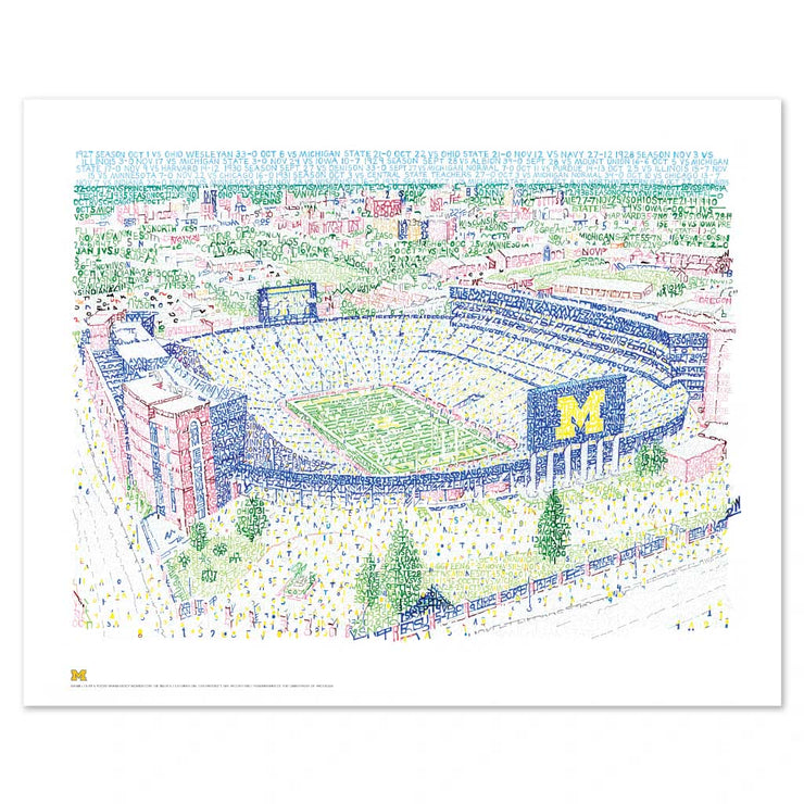 Illustration print of hand-written words depicting ariel view of the big house Michigan Stadium as Michigan Wolverines gift.