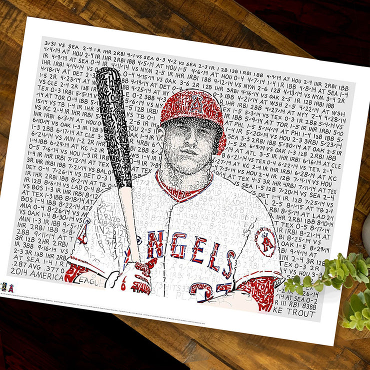 Black, red, white portrait of Angels 2014 MVP Mike Trout wall art with hand-drawn words about his career on wood table.