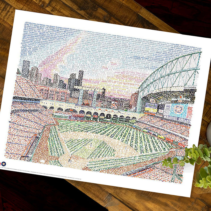 Huston Astros gift print of Minute Maid Stadium made of small rainbow-colored names of every Astro in history on wood table.