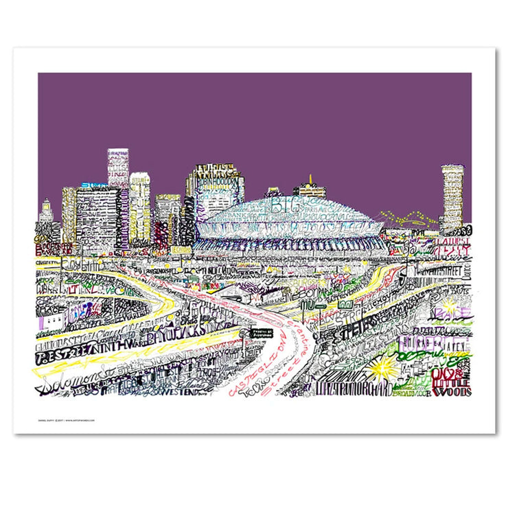 New Orleans gifts and decor illustrated print made of small words of street names, neighborhoods and landmarks of the city.