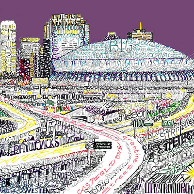 New Orleans Skyline illustration comprised of small words of street names, neighborhoods and landmarks of New Orleans.