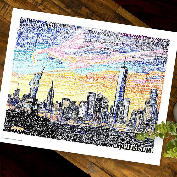 New York art of New York skyline made with multi-colored words honoring people and places in New York by artist Dan Duffy.