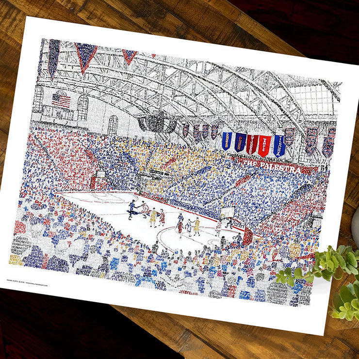 Illustrated print of The Palestra Cathedral of College Basketball with multi-colored handwritten words, on wood table.